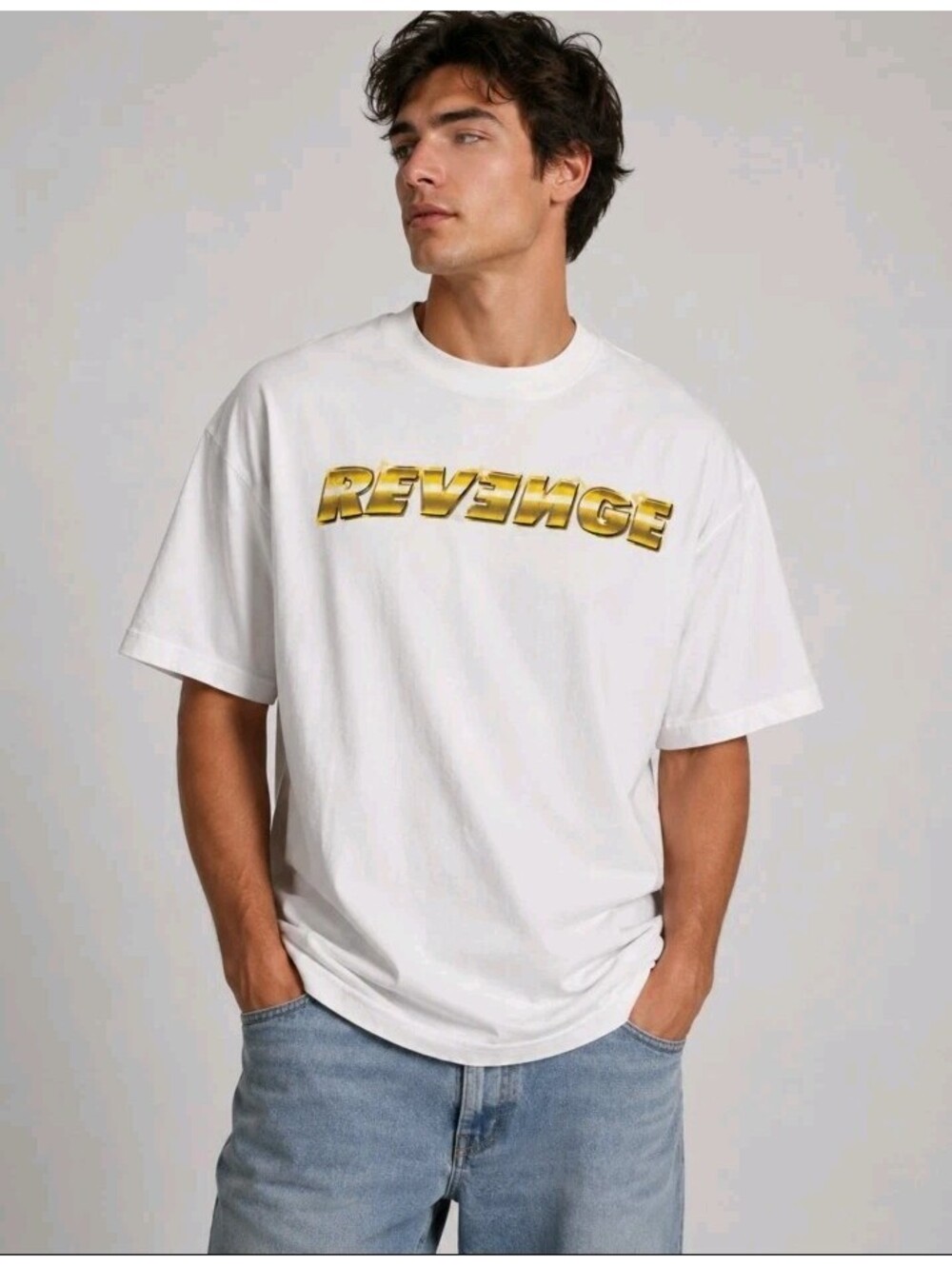 REVENGE  Men's Shirt XL  Mate White LOGO Short Sleeve Rare Tshirt  #WM1